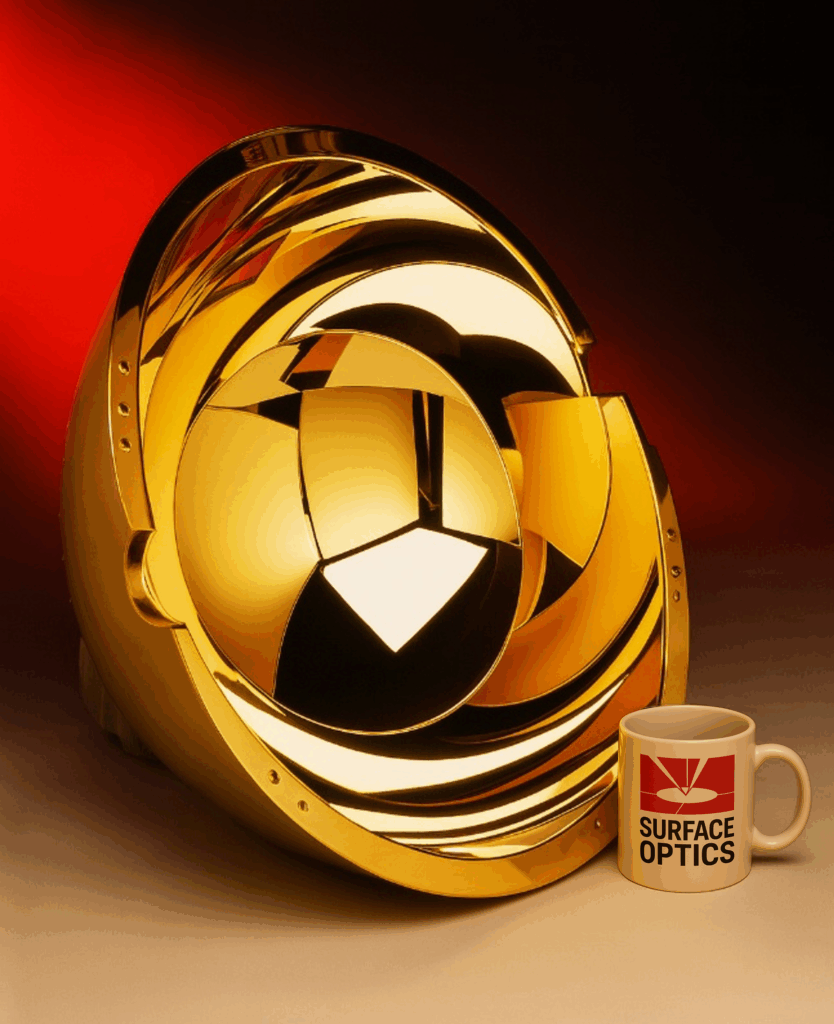 Hemiellipsoidal mirror component of the SOC-100 next to a Surface Optics mug